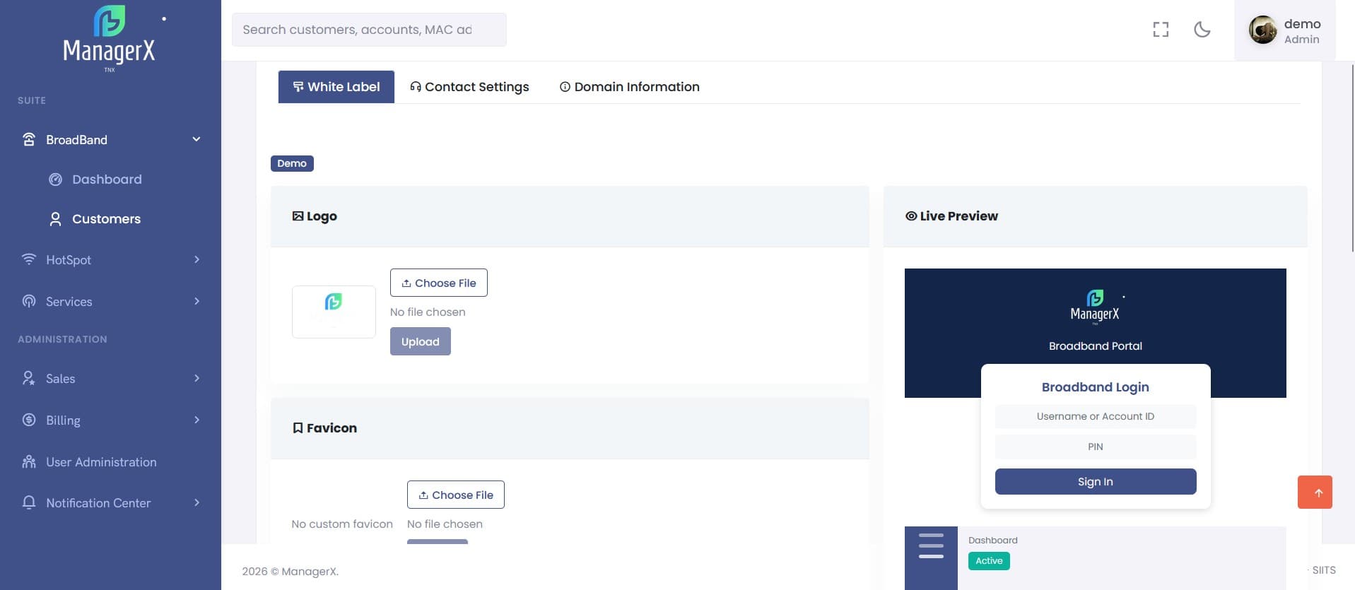 ManagerX white label configuration with live preview