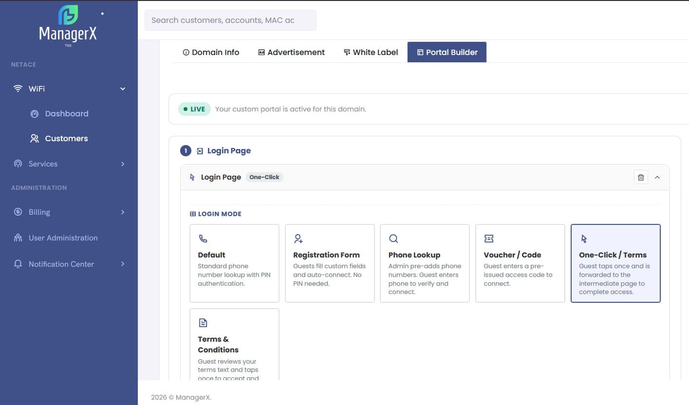 NetAce portal builder with login mode options