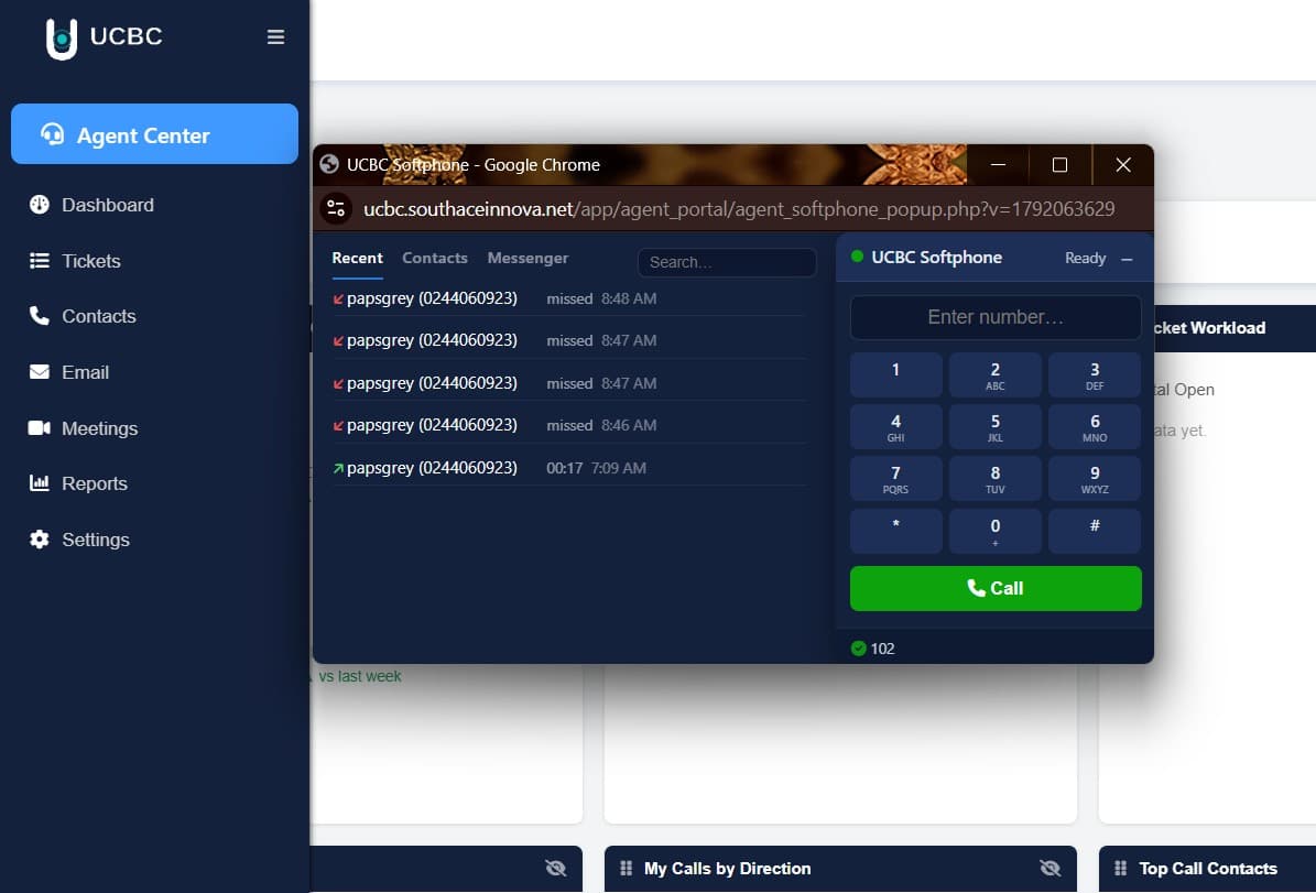 UCBC Softphone Recent calls tab